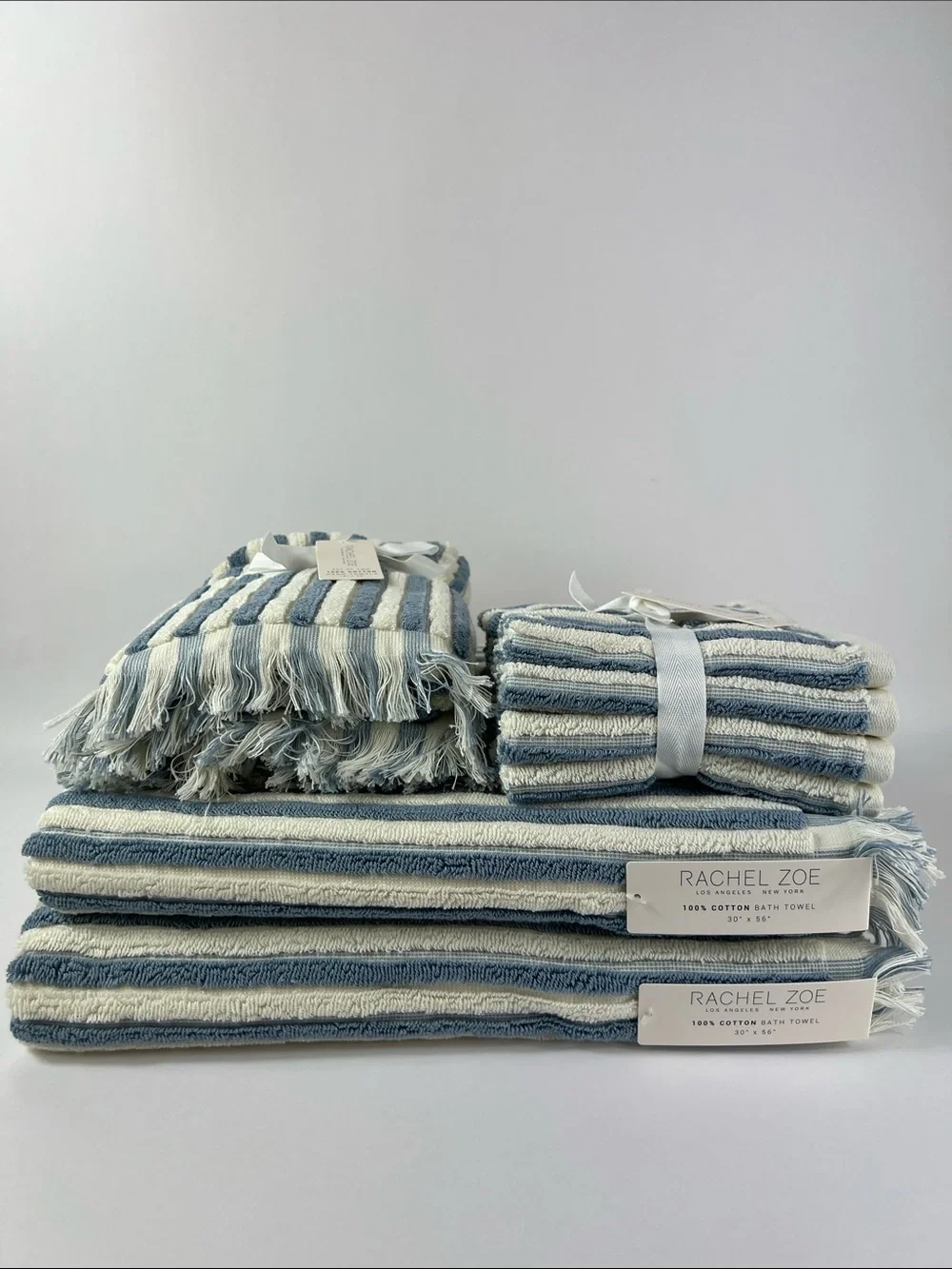 Rachel Zoe Bath Towel Set Blue White Striped with Fringe Soft Cotton 8 Pc NEW
